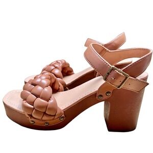 Madden NYC Women Tan Braided Platform Block Heel Sandals‎ Ankle Strap Size 8.5